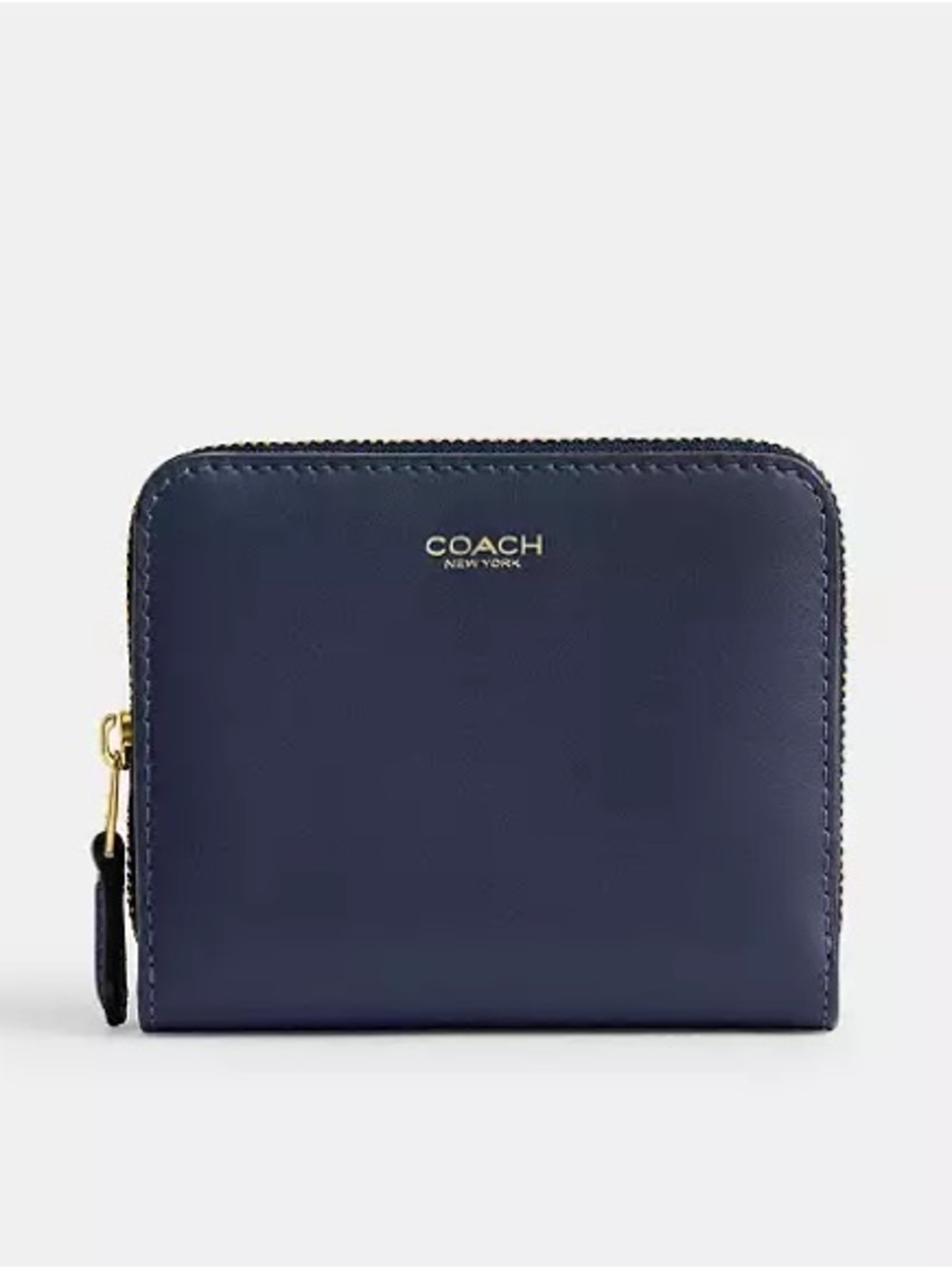 Coach New York Billfold Zip Around Wallet in Brass/Navy Refined Calf Leather NWT